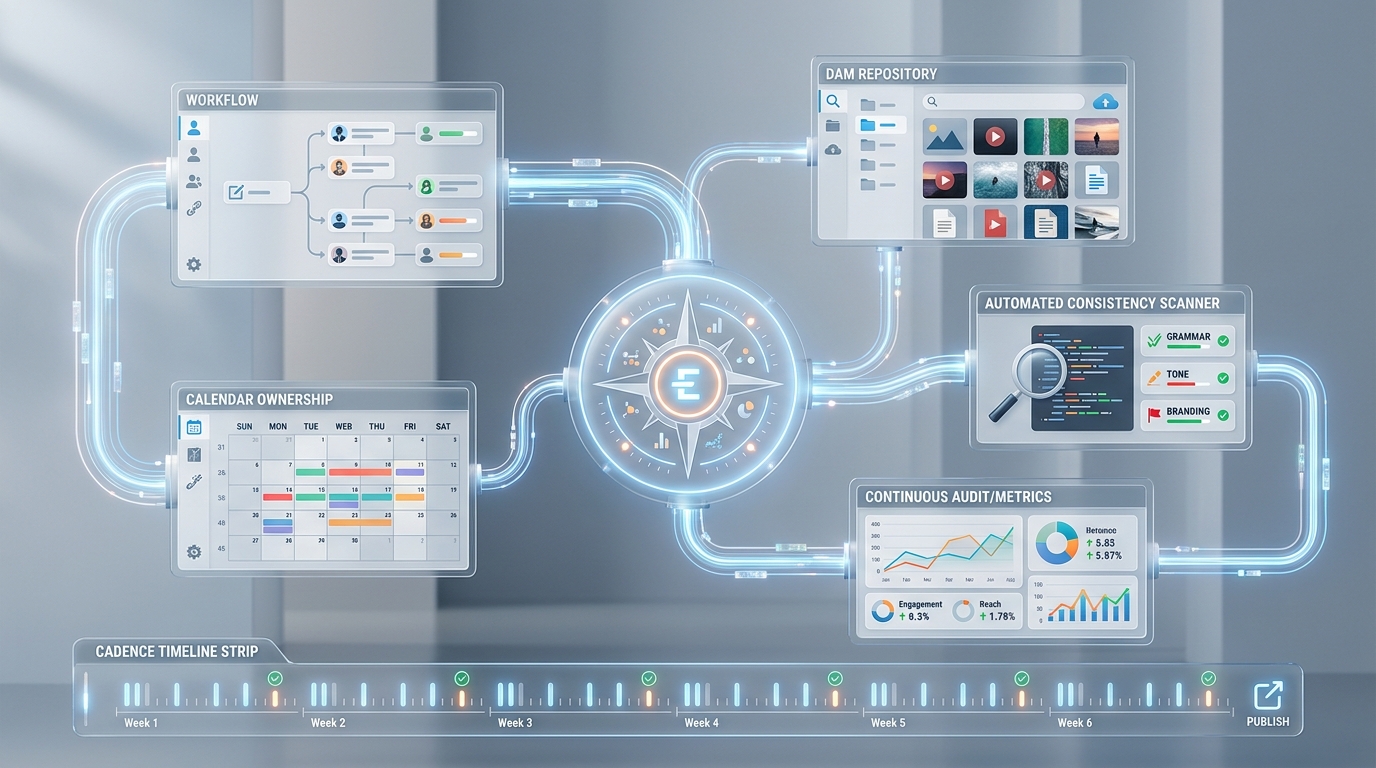 Publishing workflow infrastructure diagram showing governance, automation, and auditing.
