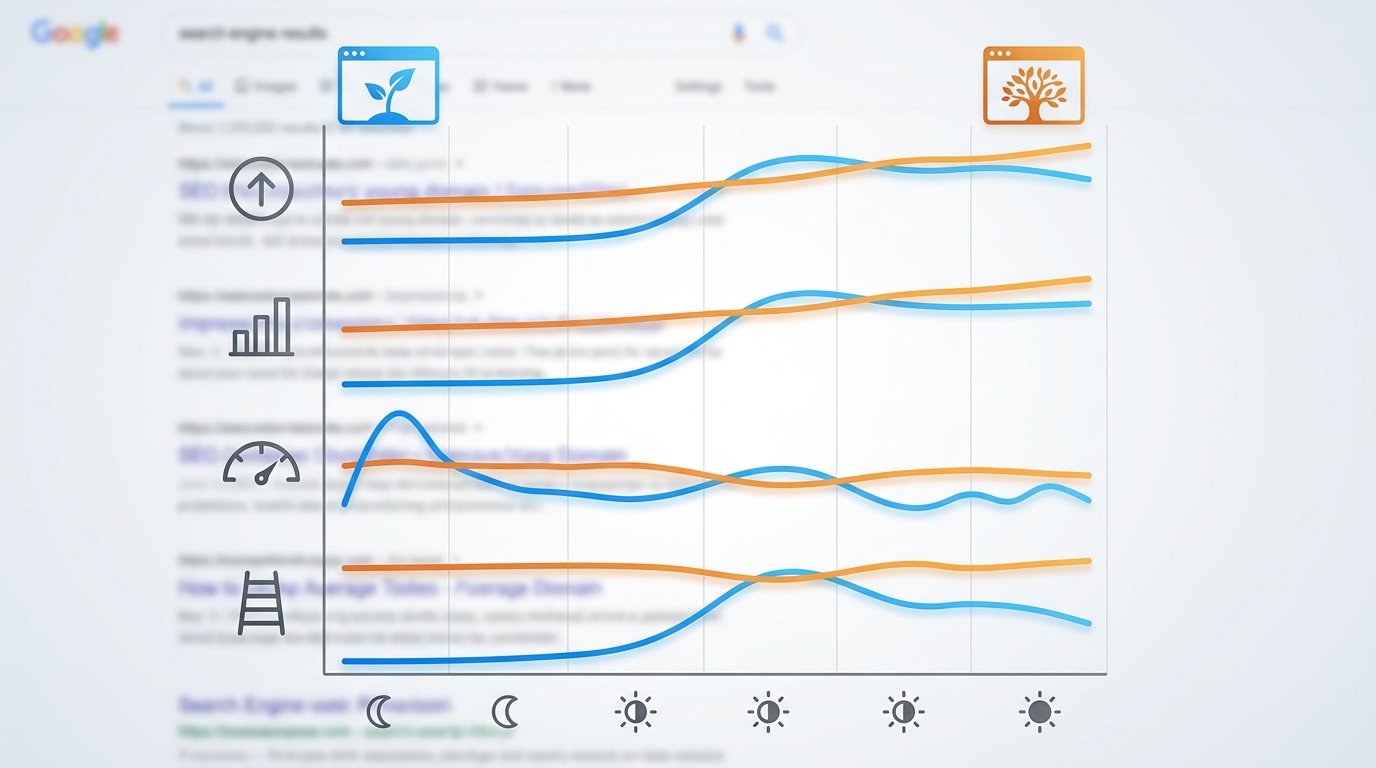 Month-by-month performance infographics comparing young vs old domains (no text).