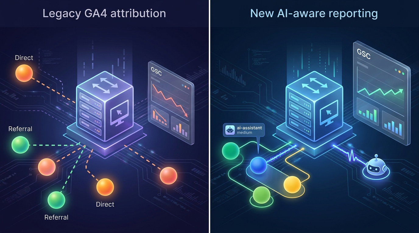 How AI traffic gets misattributed in legacy dashboards and isolated in updated reporting.