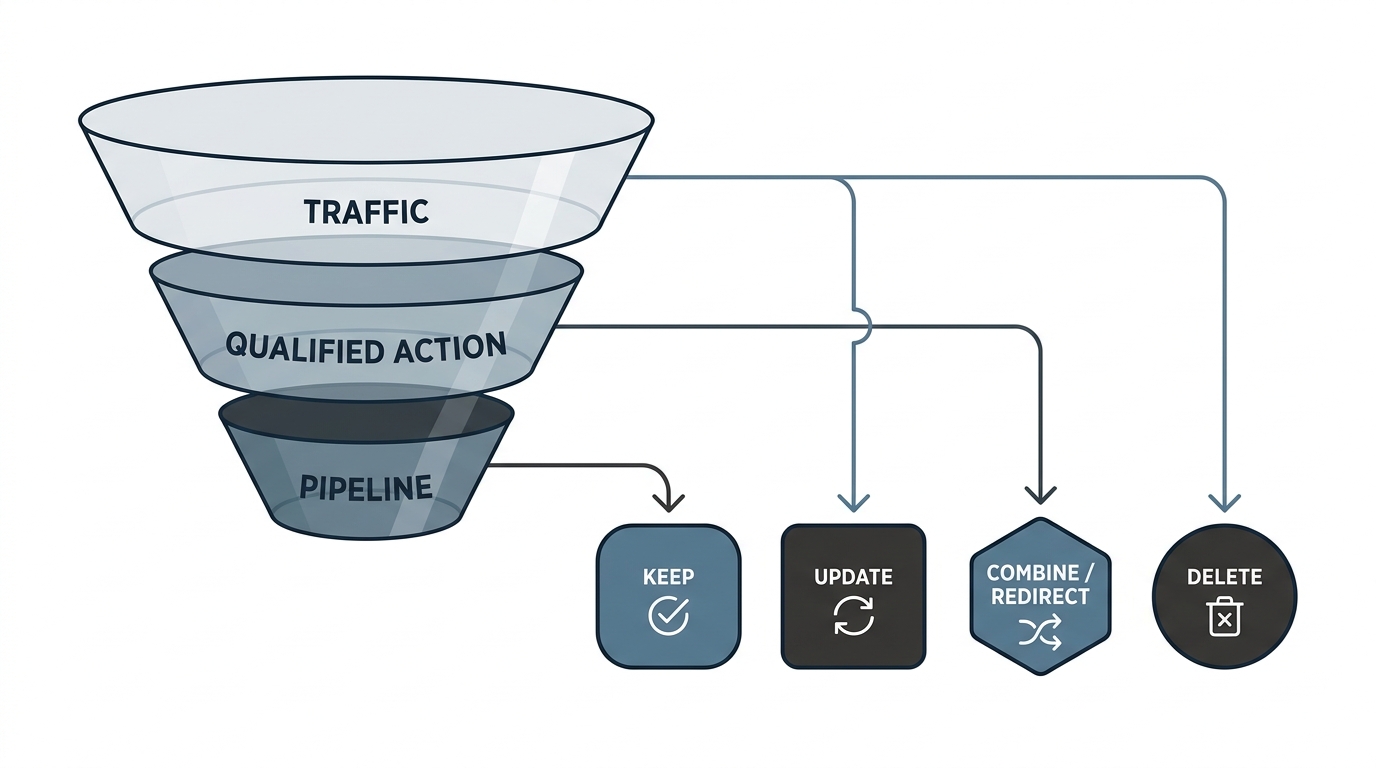 Audit framework mapping content actions to pipeline impact.