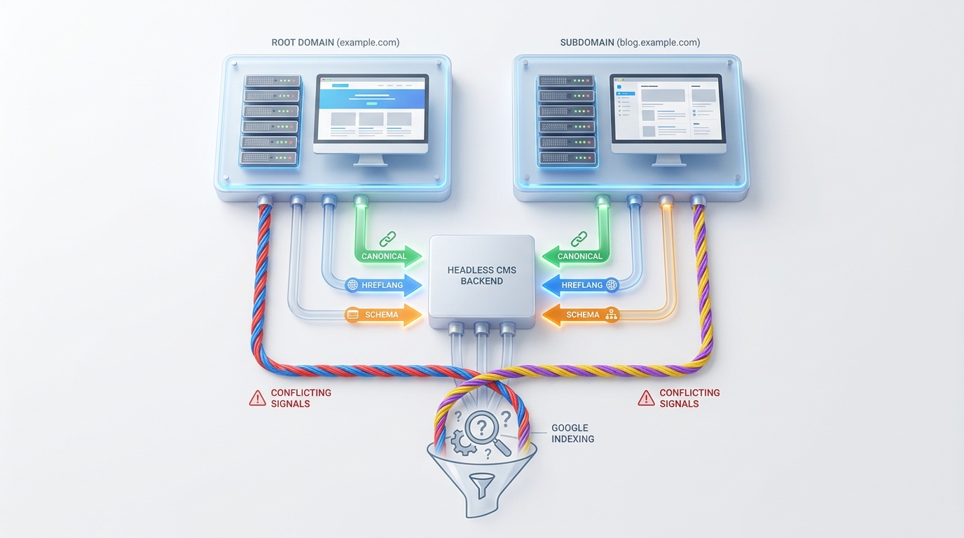 Diagram of split metadata/indexing signals between root domain and subdomain in a headless CMS setup.