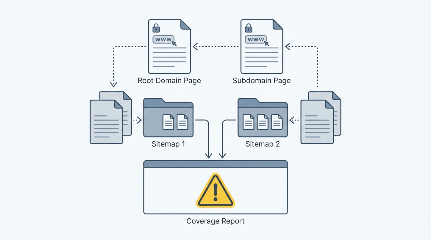 Visualization of canonical misconfiguration and sitemap fragmentation creating duplicate indexing.